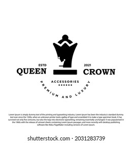 Creative crown and queen chess logo design. queen crown logo vintage vector illustration