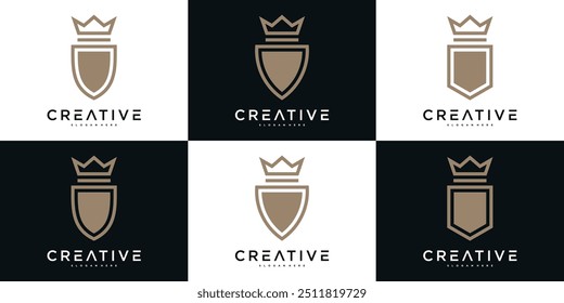 Modelo de design de logotipo de escudo de coroa criativa. Vetor Premium
