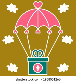 Cómic creativo de criptodivisa: Banner de icono del etéreo, paracaídas rosa con icono del etéreo rosa presente flotando en el aire. Volando sobre el concepto de fondo del cielo dorado. Diseño vectorial plano brillante.