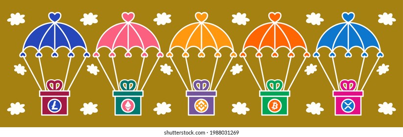 Creative cryptocurrency comic: Litecoin, Ethereum, Binance, Bitcoin and XRP icon banner, parachute with present floating in the air. Flying on the golden sky background concept. Bright vector design.