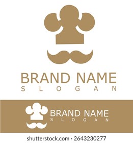 Creative culinary logo featuring a chef hat and mustache in a minimalist brown design. Perfect for restaurants, bakeries, food brands, or cooking-related businesses	