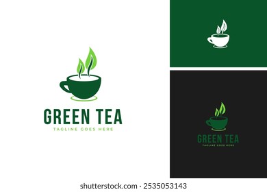Creative cup tea with leaf logo design symbol vector illustration