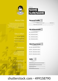 Creative curriculum vitae template with yellow stripe and arrows.