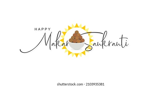 Creative Cursive Typography of Happy Makar Sankranti, an Indian Festival. Editable Illustration of Sesame Laddu. Greeting Card for Makar Sankranti.