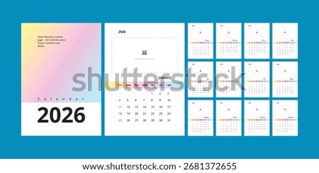 A creative and customizable 2026 monthly calendar template designed with dedicated photo placeholders for each month, allowing for personalized images, perfect for home or office.