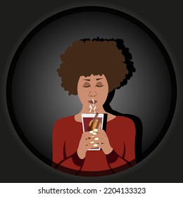 A Creative Cut Out Advertising Banner With A Person Holding A Glass Of Hot Mulled Wine With Slices Of Orange, Anise Stars And Cinnamon Sticks. An African-American Girl With Mulled Wine In Her Hands. 