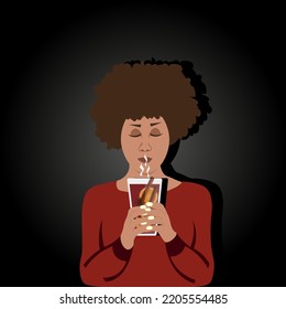 A Creative Cut Out Advertising Banner With A Person Holding A Glass Of Hot Mulled Wine With Slices Of Orange, Anise Stars And Cinnamon Sticks. An African-American Girl With Mulled Wine In Her Hands. 