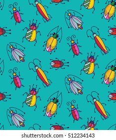 Creative cute colorful cute insects bugs beetle fly small creatures  artistic funny childish seamless vector pattern print wrapping texture wallpaper