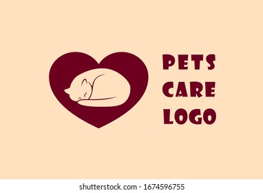 creative cute elegant logo for pet shop or vet clinic. cat and heart. flat design. identity