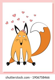 Creative cute gift card for Valentine's Day. A funny fat fox in love with pink hearts. Girl fox with a fluffy tail. Cozy children's drawing of an animal. Be my boyfriend. Gentle white-pink valentine.