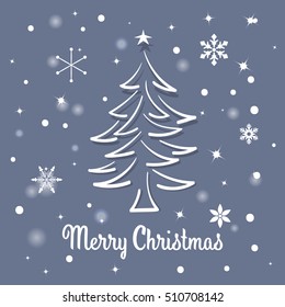 Creative cute greeting card with hand drawn christmas tree over beautiful magic abstract winter background vector illustration.