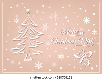 Creative cute greeting card with hand drawn christmas tree over beautiful magic abstract winter background vector illustration. "Make a Christmas Wish' sign.