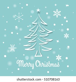 Creative cute greeting card with hand drawn christmas tree over beautiful magic abstract winter background vector illustration.