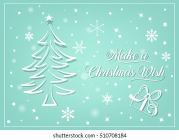 Creative cute greeting card with hand drawn christmas tree over beautiful magic abstract winter background vector illustration. "Make a Christmas Wish' sign.