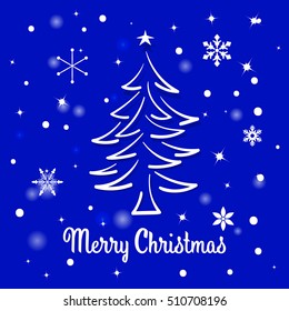 Creative cute greeting card with hand drawn christmas tree over beautiful magic abstract winter background vector illustration.