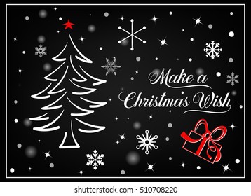 Creative cute greeting card with hand drawn christmas tree over beautiful magic abstract winter background vector illustration. "Make a Christmas Wish' sign.