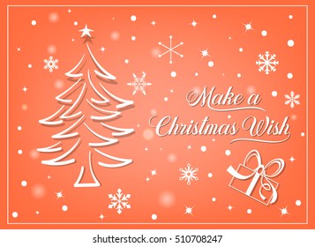Creative cute greeting card with hand drawn christmas tree over beautiful magic abstract winter background vector illustration. "Make a Christmas Wish' sign.