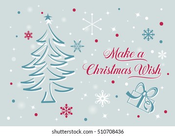 Creative cute greeting card with hand drawn christmas tree over beautiful magic abstract winter background vector illustration. "Make a Christmas Wish' sign.
