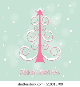 Creative cute hand drawn snow covered christmas tree with curls over beautiful magic abstract winter background vector illustration.