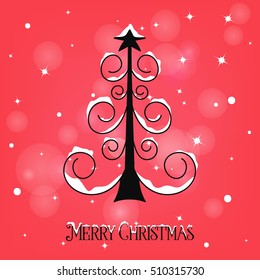 Creative cute hand drawn snow covered christmas tree with curls over beautiful magic abstract winter background vector illustration.