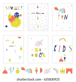 Creative and cute journaling and planning  cards with bright and fun vector illustrations. Summer, kids, fun, cacti, unicorn, ice-cream