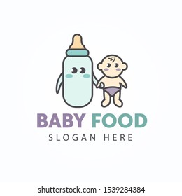 Creative cute logotype baby food. Baby with a bottle of milk best friends. Cartoon style with outline. Element of Shop, market, store for little children.