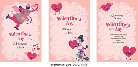 Creative, cute valentines day pink template for social media with funny animal greeting for card, poster, banner. 