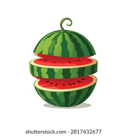Creative cut-open watermelon vector illustration isolated on white background. Flat cartoon fruit with layered slices, ideal for healthy food, branding, packaging, summer, and educational graphics.