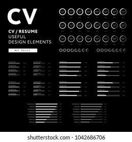 Creative CV design - curriculum vitae useful design elements infographic - vector white icons on black background