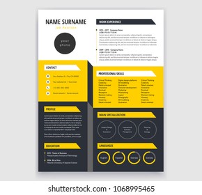 Creative CV / Resume template - black and yellow 3d effect background - flat style vector