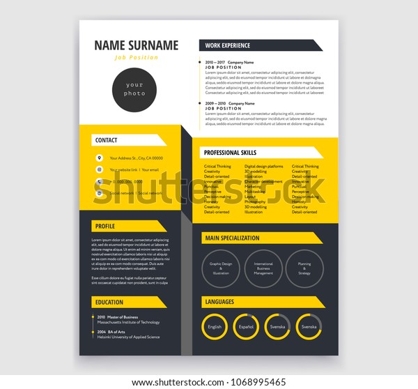 Creative Cv Resume Template Black Yellow Stock Image Download Now