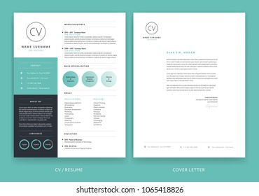 Creative CV / resume template teal green background color minimalist vector