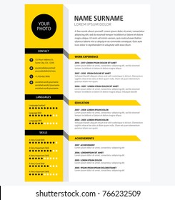 Creative CV / resume template yellow color minimalist vector