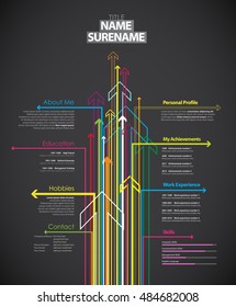 Creative cv template with colorful arrows on dark background.