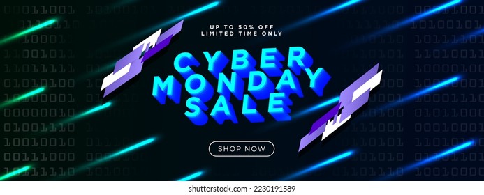 Creative Cyber Monday Sale Signage with Typographic design, up to 50% off text and shop now button. Dark background with beams of light. Vector illustration. EPS 10.