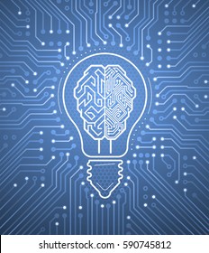 Creative Cybernetic Brain. Pictogram of a light bulb with the silicon chip inside of it in surrounding of PCB pattern. Vector illustration on the subject of creating thinking Artificial Intelligence.