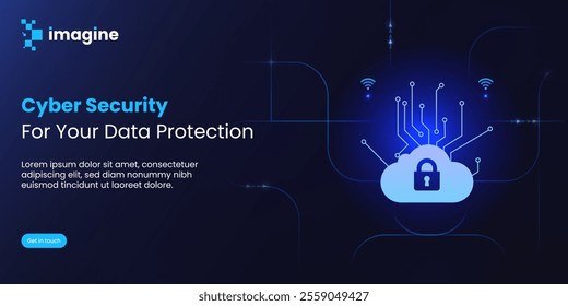 creative Cybersecurity banner design with cloud lock, circuits, and glowing tech elements. Ideal for verification, authentication, data protection, and digital security concepts.