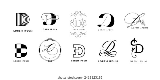 Creative D emblem. Letter d monogram decorative design for dance school, dynamic digital branding template vector icon set of modern icon abstract branding illustration