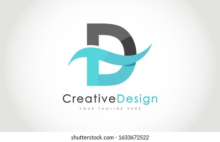 Creative D Letter Logo Design with Water Splash Ocean Blue Wave Vector Icon Symbol Illustration.