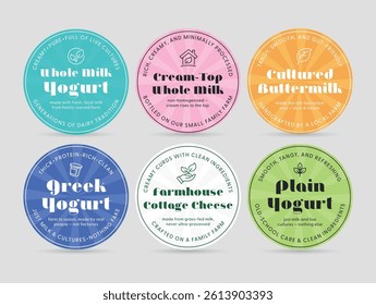 Creative dairy product labels featuring yogurt, cottage cheese, and buttermilk inspired by farm fresh quality