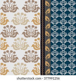 Creative damask silk wallpaper. Oriental floral pattern, leaf border, scrolls ornament. Art deco wallpaper collection. Blue, grey and golden shadows.