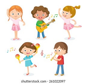 creative dancing kids and kids with musical instruments