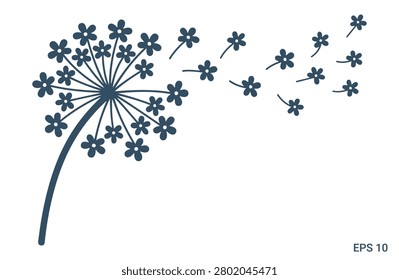Creative dandelion flower silhouette with blowing star shaped petals isolated on white background vector