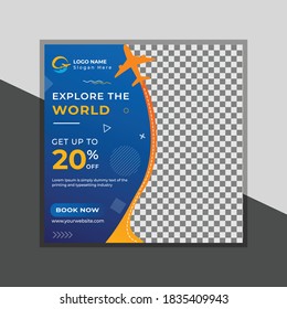 creative dark blue travel vacation trip social media post banner or square flyer	