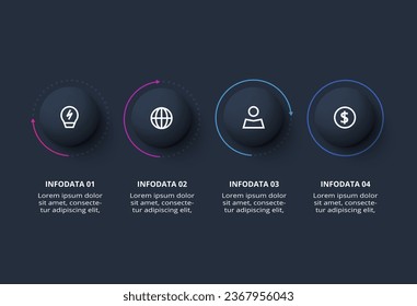 Creative dark infographic with 4 elements template for web on a black background, business, presentation.