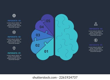 Infografía creativa oscura con 5 elementos plantilla para web sobre fondo negro, negocios, presentación.