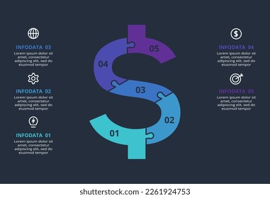 Creative dark infographic with 5 elements template for web on a black background, business, presentation.
