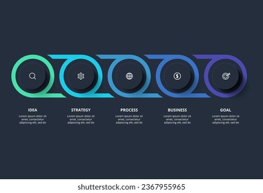 Kreative dunkle Infografik mit 5 Elementen Vorlage für Web auf schwarzem Hintergrund, Business, Präsentation.