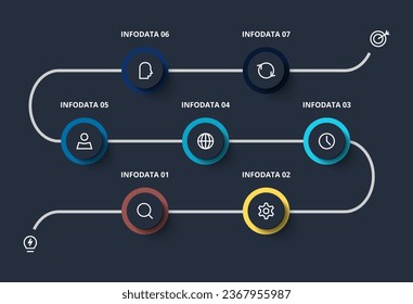 Creative dark infographic with 7 elements template for web on a black background, business, presentation.