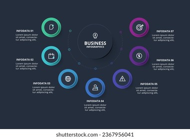 Creative dark infographic with 7 elements template for web on a black background, business, presentation.